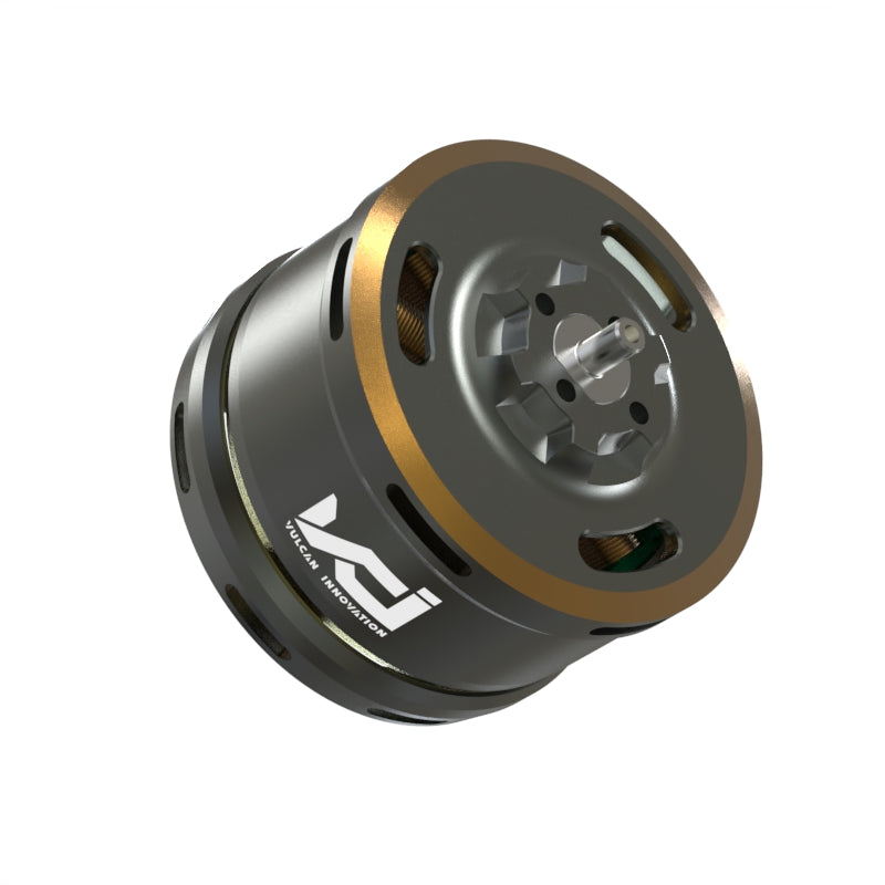 Angled view of VCI SPARK 4218 brushless outrunner motor showing shaft, cooling slots, and VCI logo