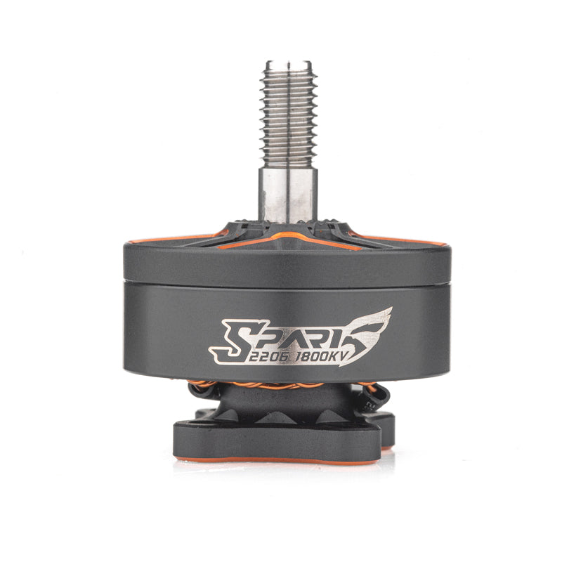 VCI SPARK 2206 brushless motor side profile with long threaded shaft, black housing with orange accents
