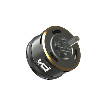 Angled view of brushless motor showing top plate, threaded shaft, and side vents with VCI logo