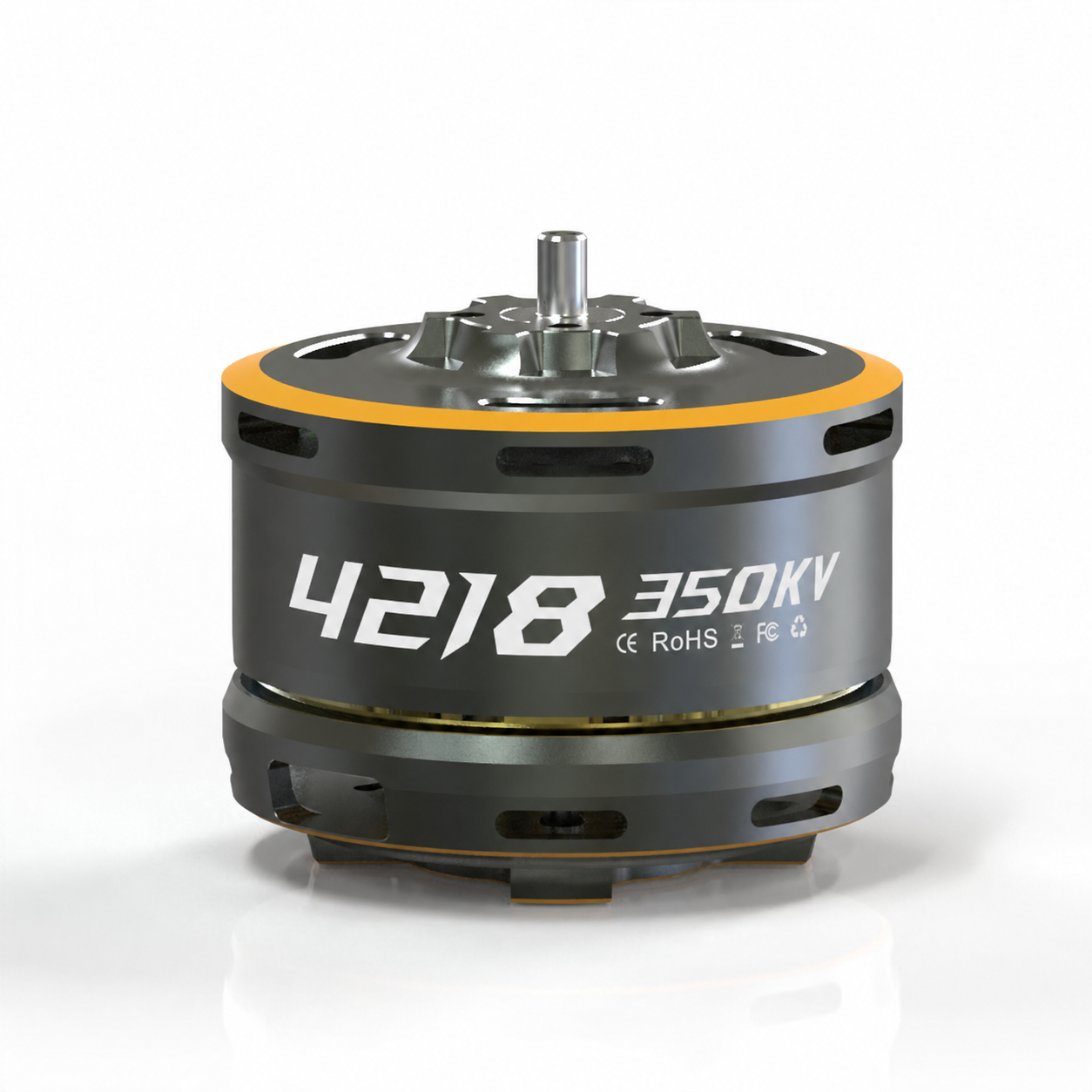 VCI SPARK 4218 brushless outrunner motor, side view showing 4218 350KV marking and vented housing