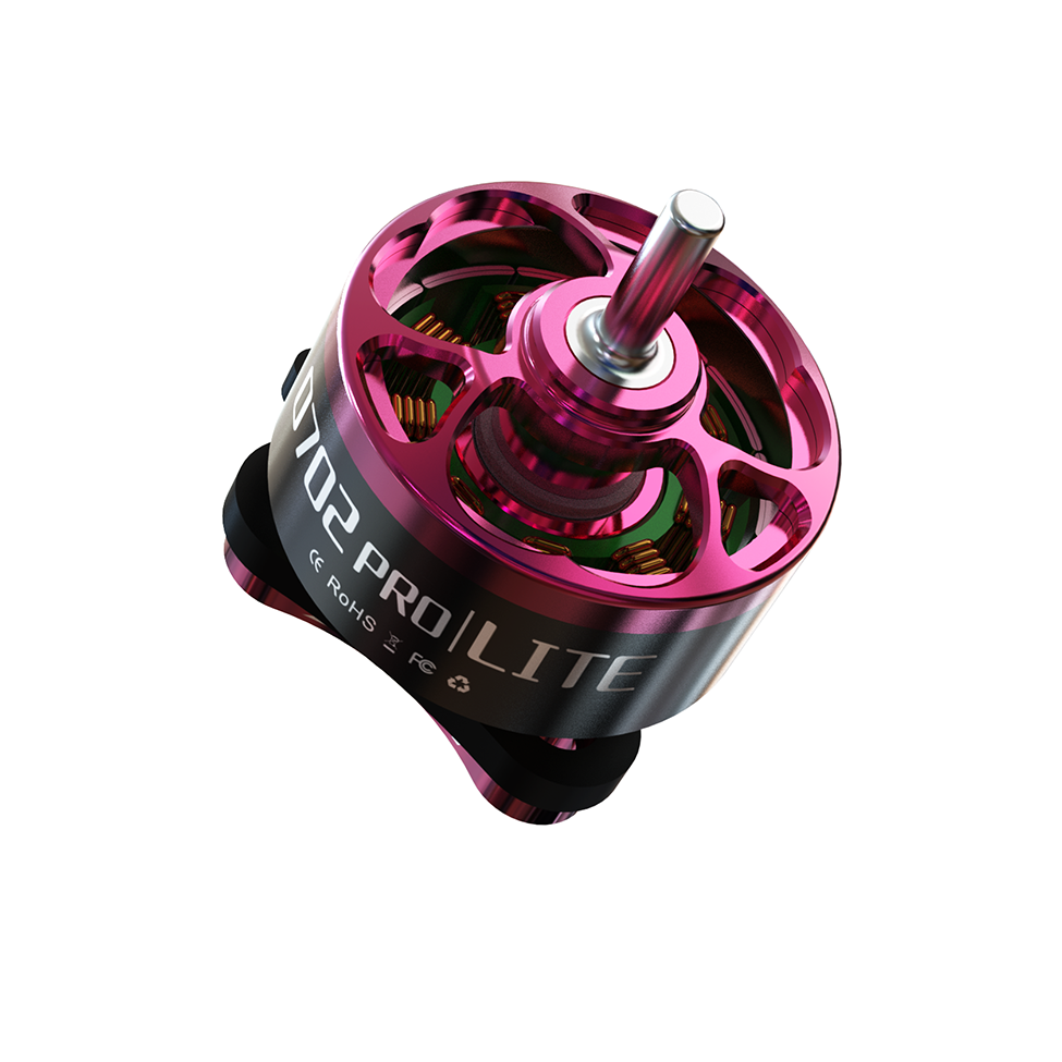 Angled top view of 0702 PRO LITE motor showing pink vented bell and steel shaft