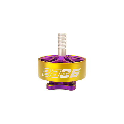 Single 2306 brushless motor front view, gold bell with purple base and threaded shaft