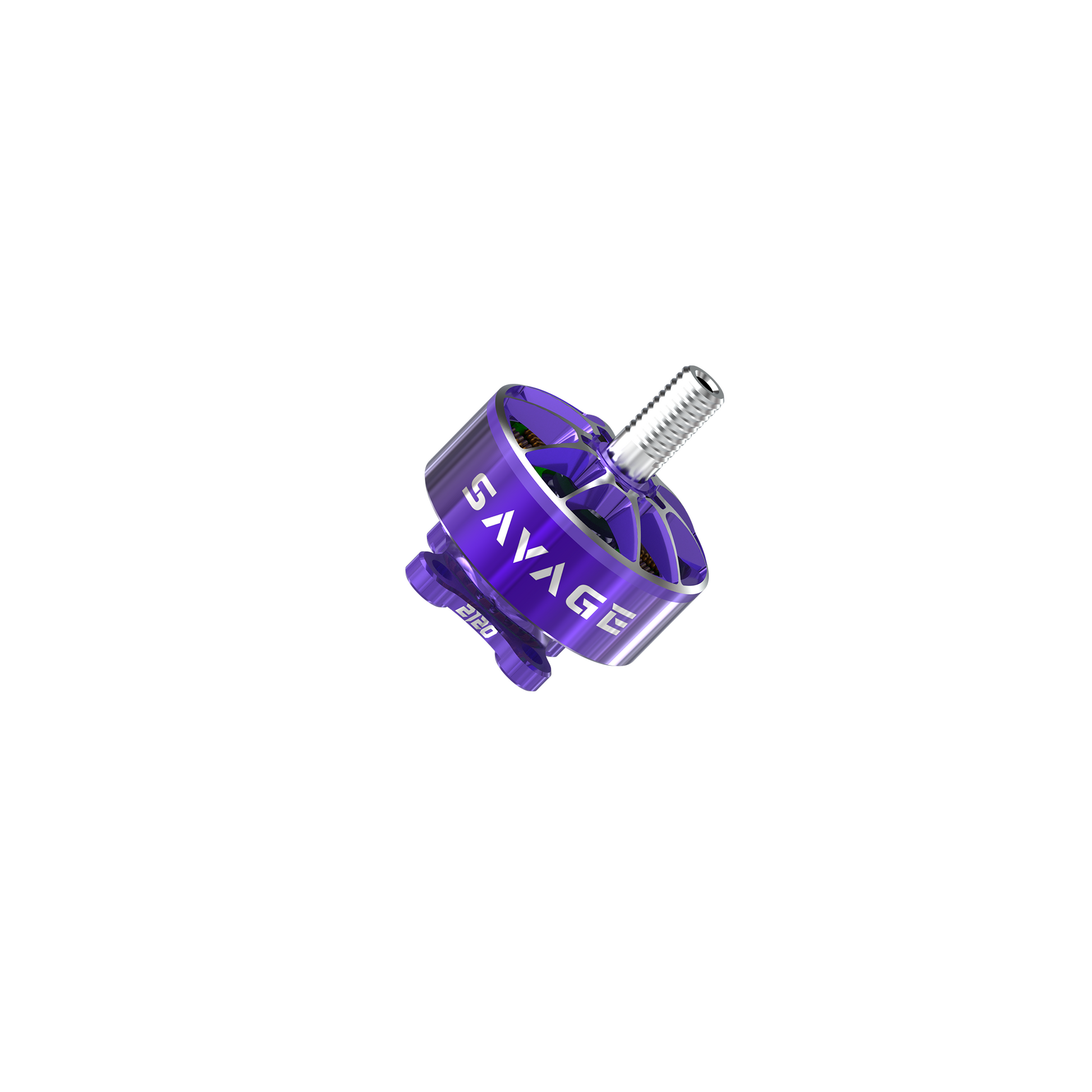 Angled view of purple SAVAGE brushless motor showing threaded shaft and curved top cutouts