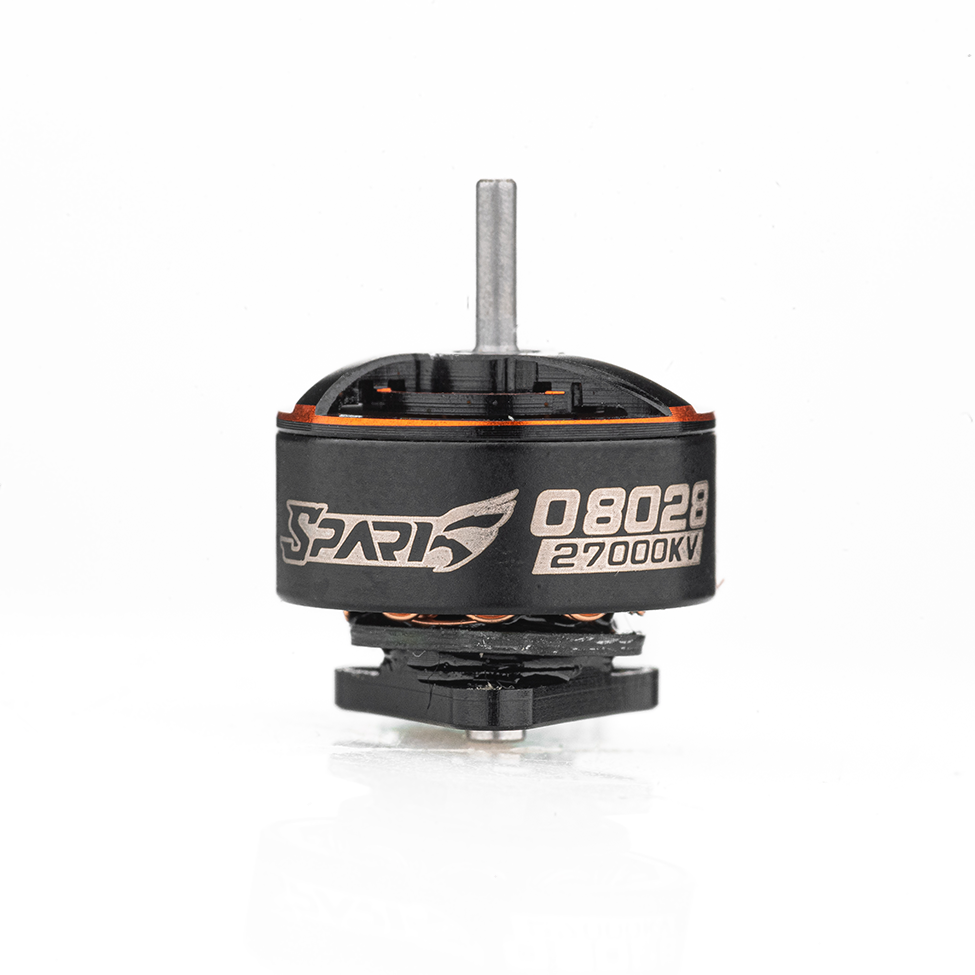 VCI SPARK 08028 micro brushless motor, side view showing 08028 label and shaft