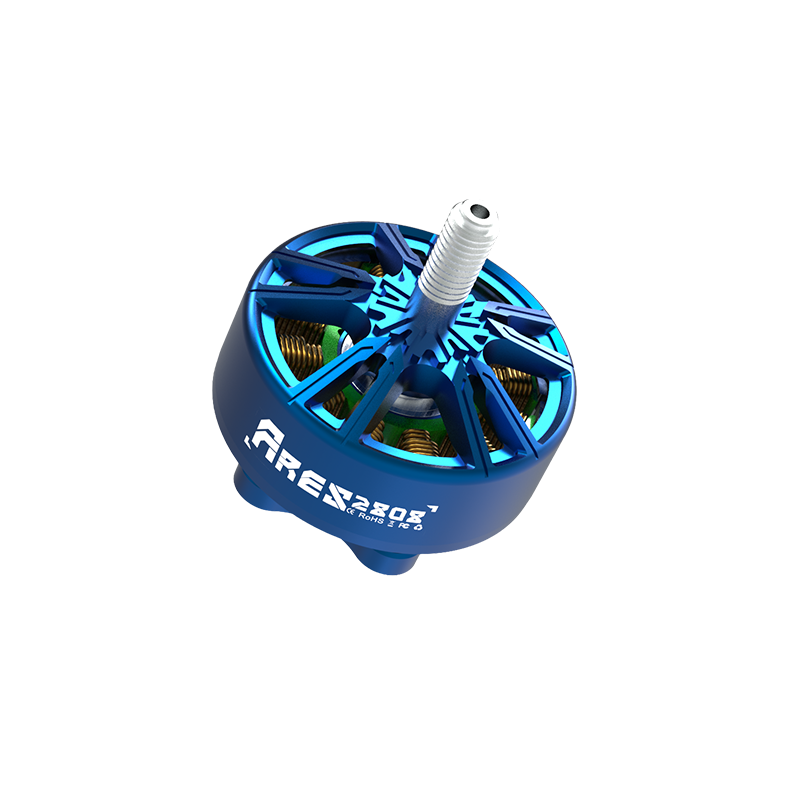 Angled top view of blue ARES 2808 motor showing open rotor spokes, windings, and shaft