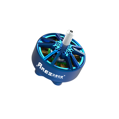 Angled top view of blue ARES 2808 motor showing open rotor spokes, windings, and shaft