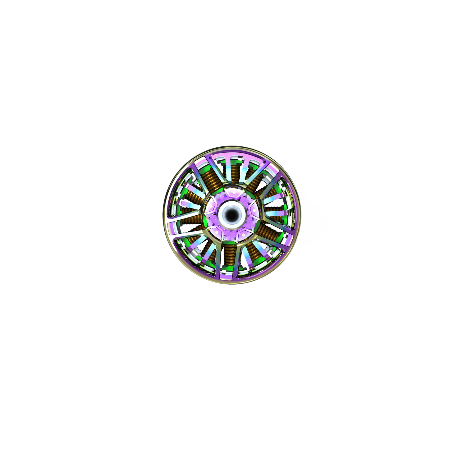 Top view of brushless motor showing internal copper windings and ventilated rotor structure