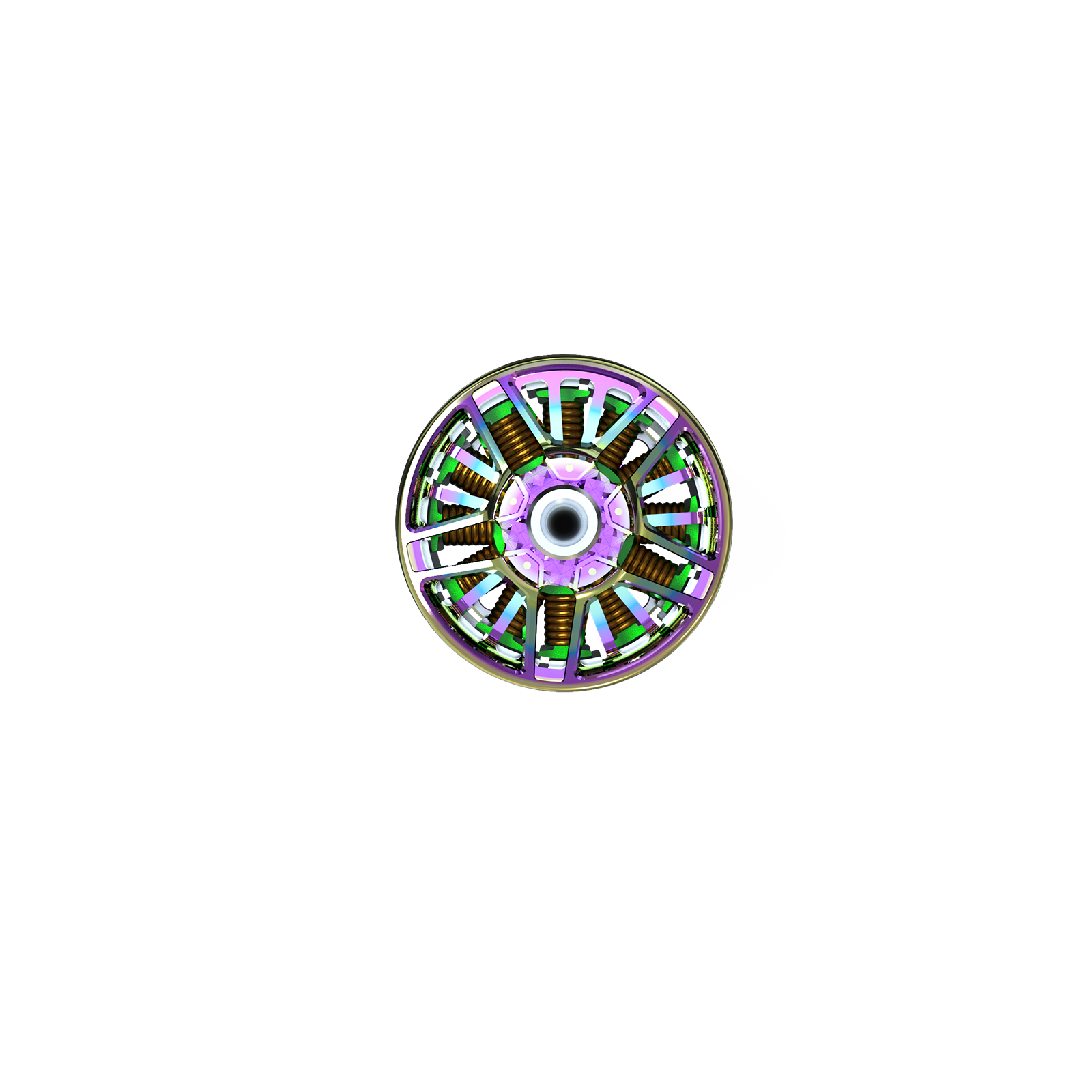 Top view of brushless motor showing internal copper windings and ventilated rotor structure