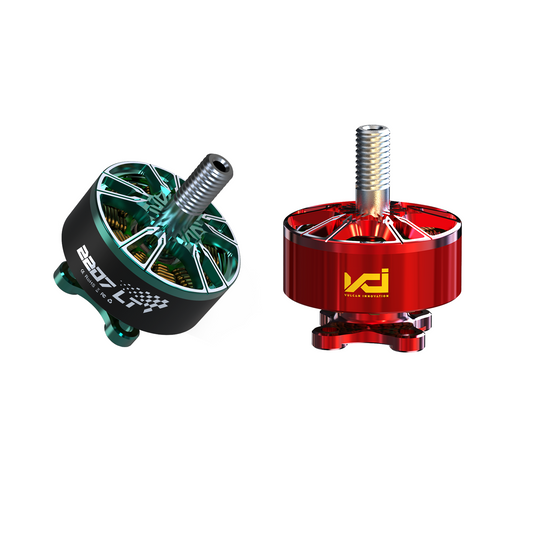 VCI 2207LT 2160KV FPV racing brushless motor shown in green and red color options, M5 shaft