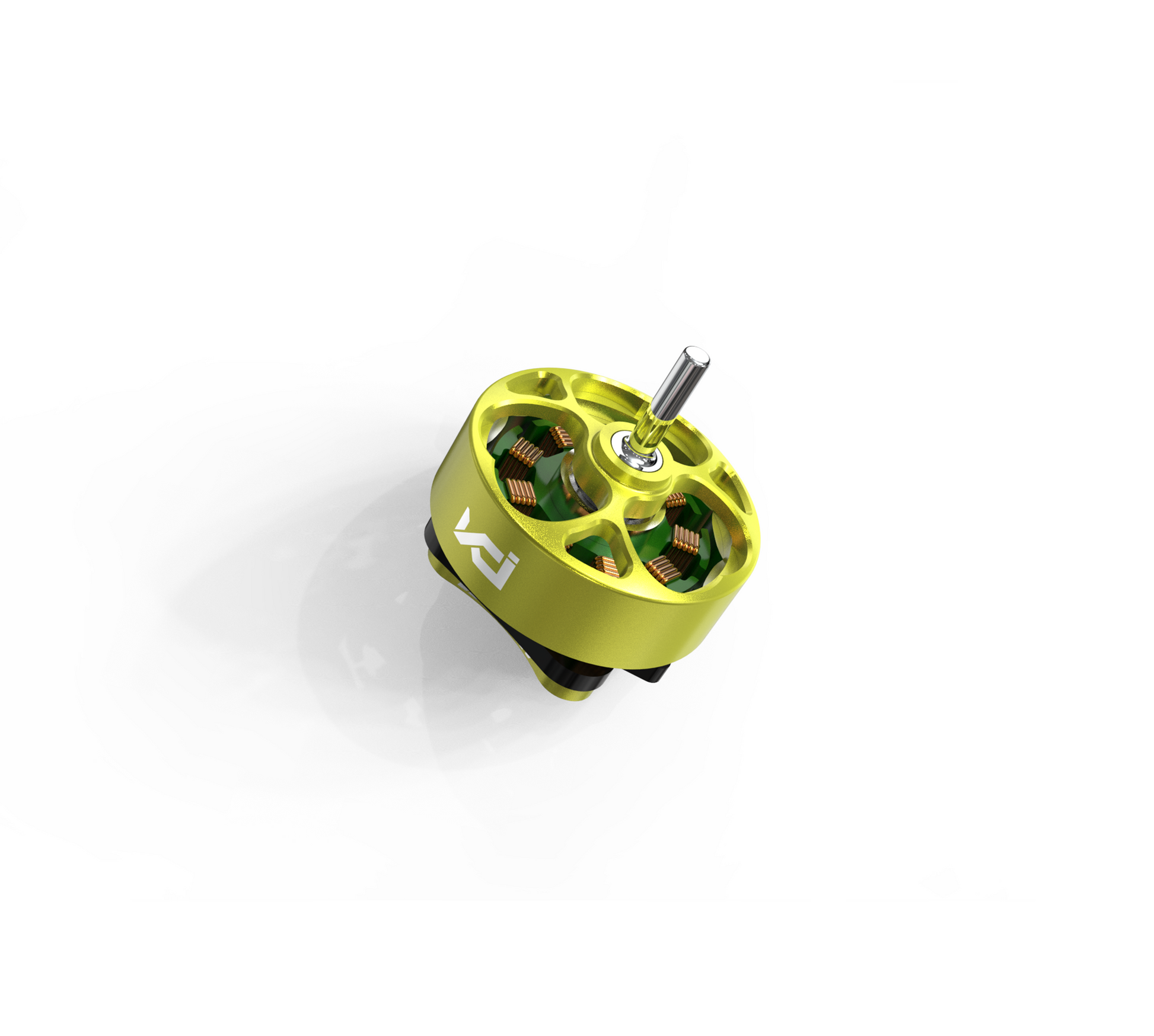 Angled view of green micro brushless motor showing rotor vents, copper windings, and shaft