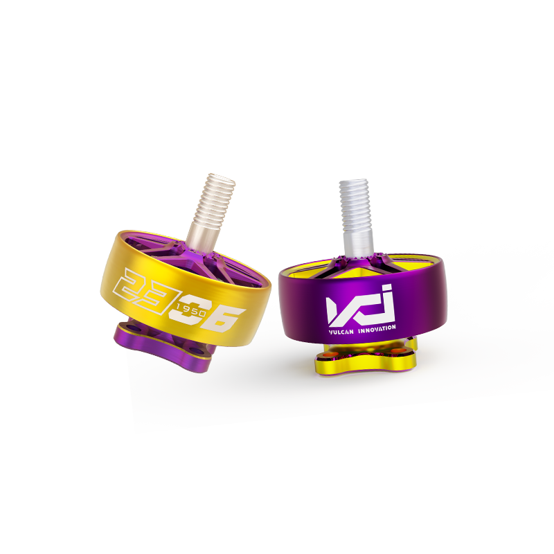 VCI Titan 2306 brushless motor pair, gold and purple anodized housings with threaded shaft