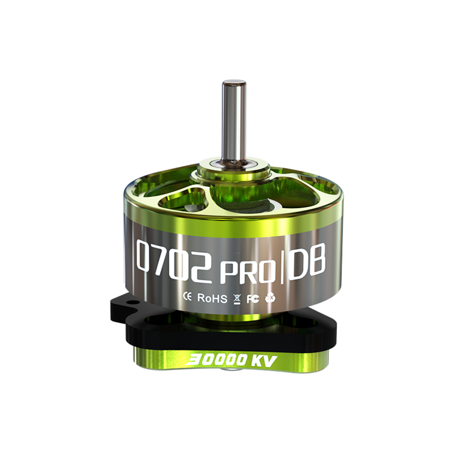 VCI 0702PRO DB 0702 Micro Motor front view with shaft, green housing, 0702 PRO|DB and 30000 KV label
