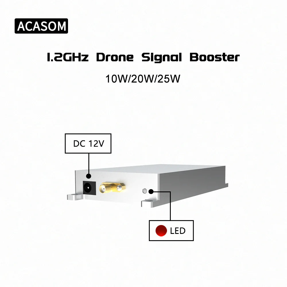 ACASOM 1.2GHz Drone Signal Booster, Drone signal booster with 1.2GHz frequency, 25W power, and 12V DC input for enhanced signal quality and range.