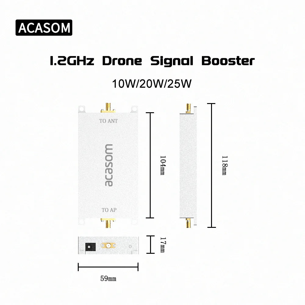 ACASOM 1.2GHz Drone Signal Booster, Drone signal booster with 1.2 GHz frequency, adjustable power output (10W/20W/25W), and aperture size range (1-3) for improved aerial connectivity.