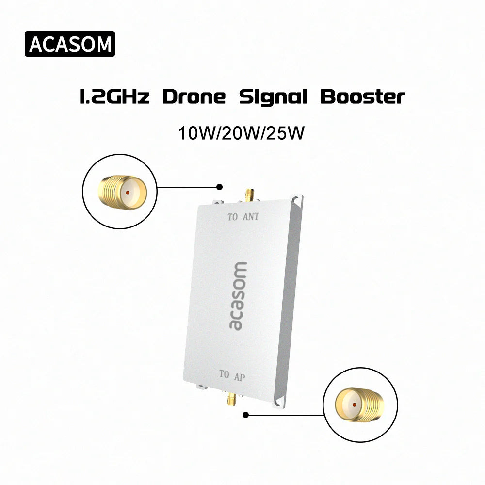 ACASOM 1.2GHz Drone Signal Booster, Boost drone signal with ACASOM 1.2GHz booster for reliable one-way transmission from antenna to aircraft.