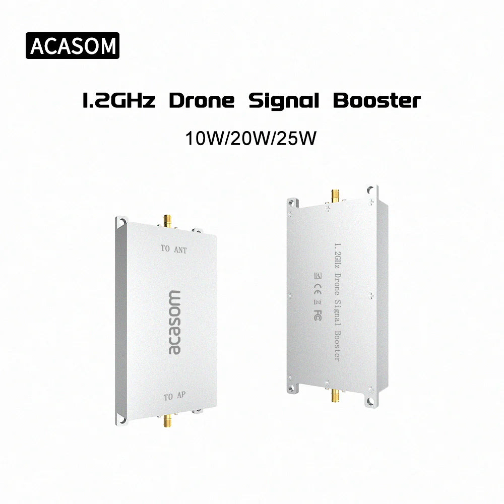 ACASOM 1.2GHz Drone Signal Booster, This wireless transmitter amplifier boosts signals in the 1.2GHz band with enhanced features like high gain, low noise, and fast switching times.