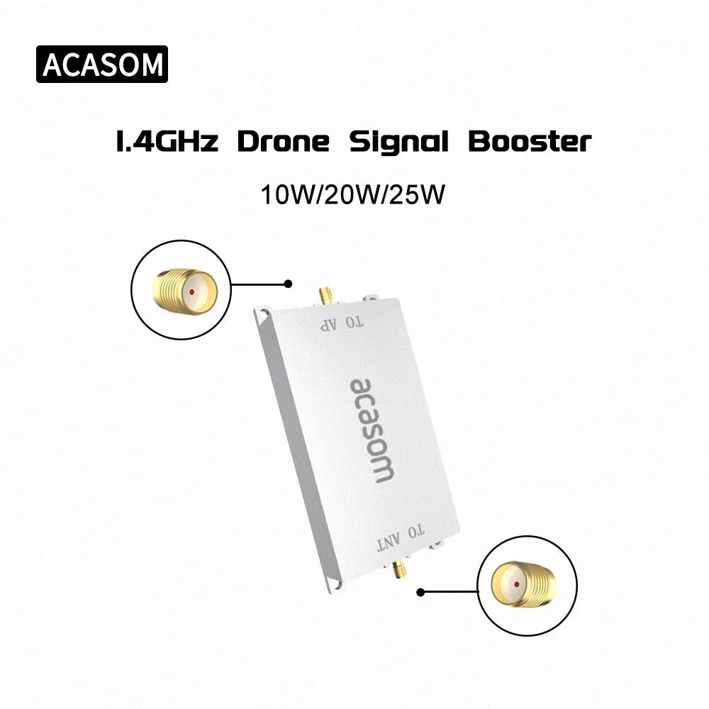 ACASOM 1.4GHz Drone Signal Booster, The ACASOM 1.4 GHz Drone Signal Booster amplifies drone signals for better reception and reduced interference with 25W output power.