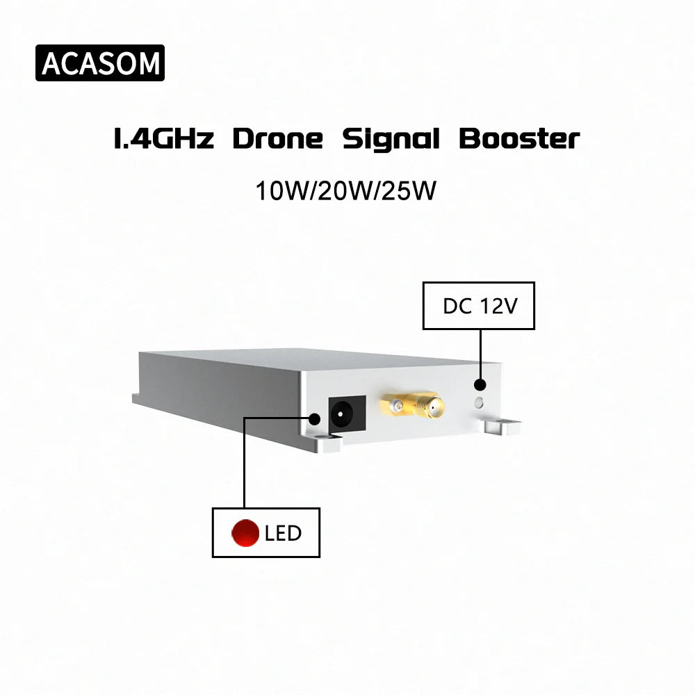 ACASOM 1.4GHz Drone Signal Booster, A drone signal booster with 1.4GHz frequency, 25W DC power, and 12V LED for improved connectivity.