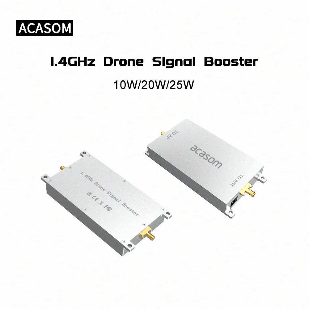 ACASOM 1.4GHz drone signal booster improves reception with 1W/25W power and 6-year 4-layer design, FCC certified.