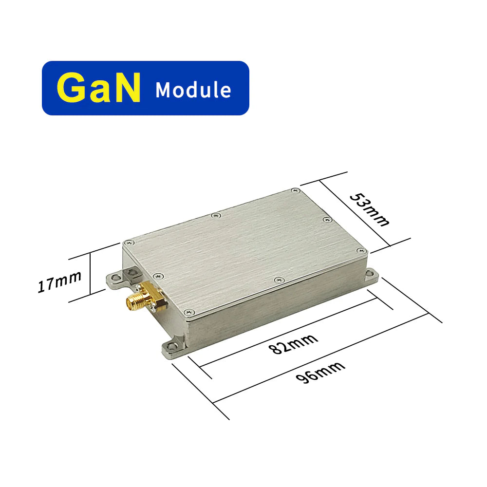 ACASOM RF Signal Source, A GaN module RF signal source has specifications including dimensions 53mm x 17mm x 82mm with a total length of 96mm.