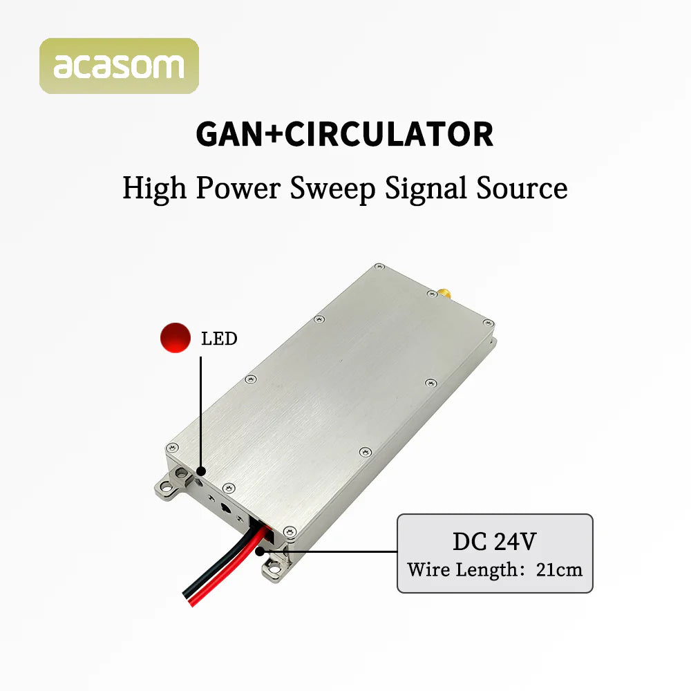 ACASOM 1100M GaN Drone Jammer, High-power sweep signal source for drone jamming features GaN circulator and LED indicator, operating on DC 24V with 20cm wire length.