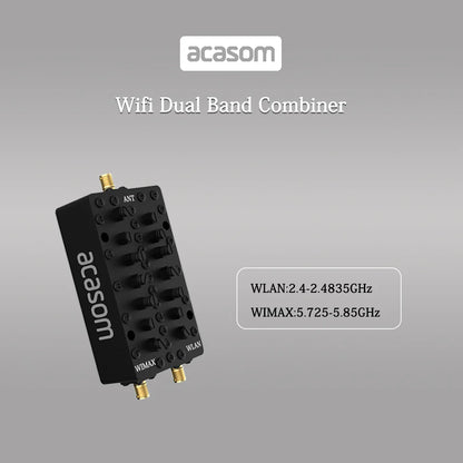 ACASOM offers a dual-band cavity diplexer that combines or separates signals between 2.4GHz and 5.8GHz frequencies, supporting Wi-Fi and WIMAX applications.