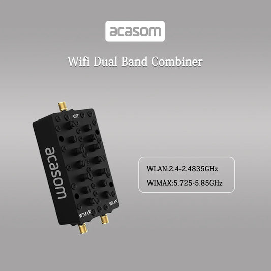 ACASOM offers a dual-band cavity diplexer that combines or separates signals between 2.4GHz and 5.8GHz frequencies, supporting Wi-Fi and WIMAX applications.