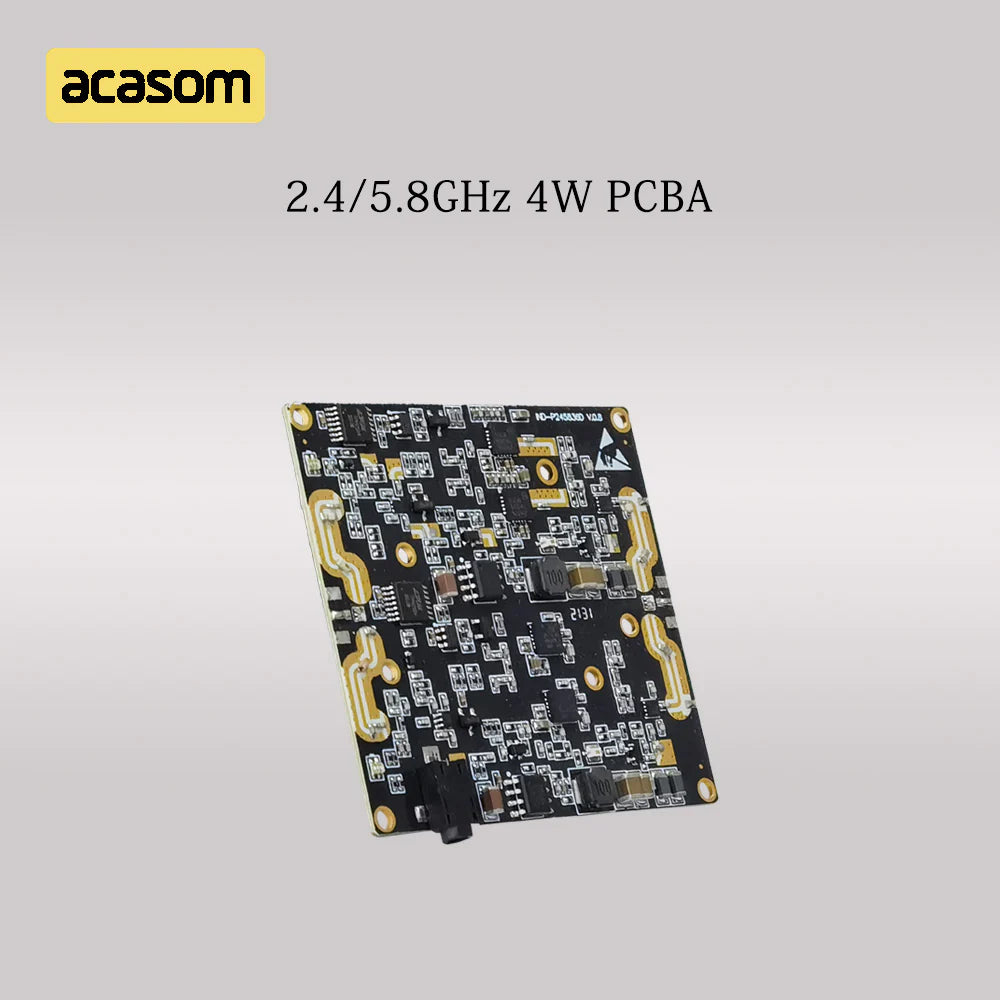 ACASOM booster amplifies drone signals on 2.4G and 5.8G frequencies with 4W output from printed circuit board assembly.