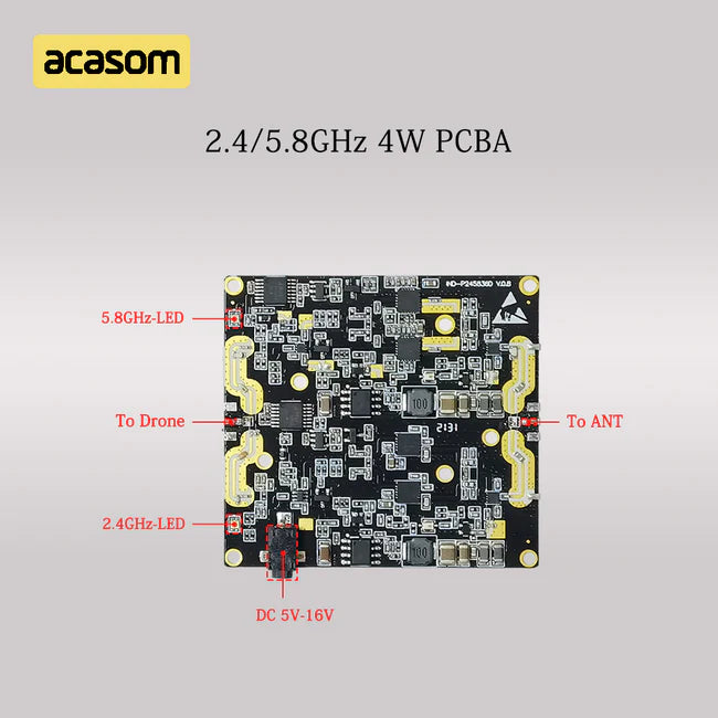 ACASOM Drone Signal Booster, ACASOM Dual Frequency Drone Booster, ACASOM dual-frequency drone signal booster amplifier PCBA for 2.4/5.8GHz with 4W power and LED connectivity.