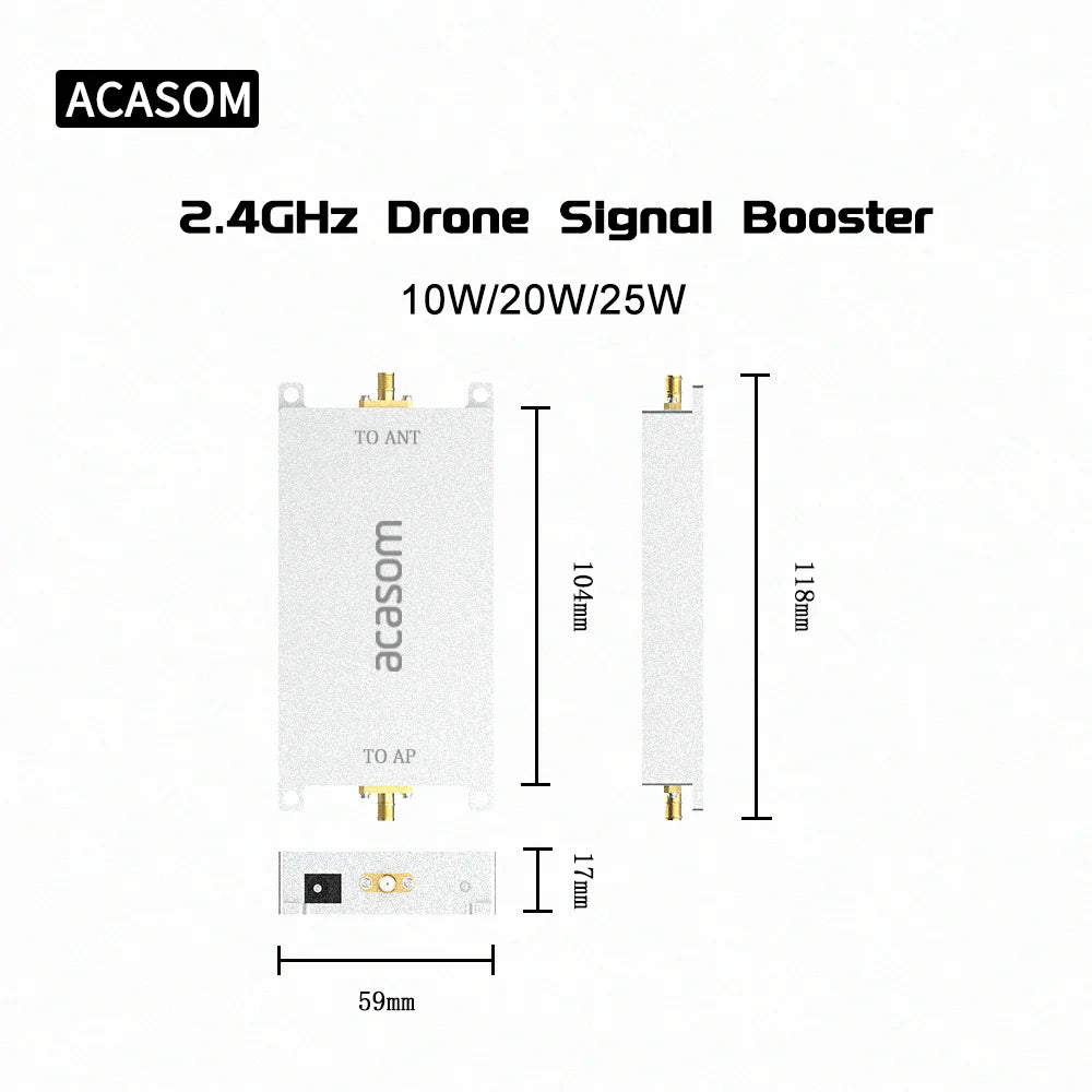 ACASOM 2.4GHz Drone Signal Booster, A drone signal booster that amplifies signals up to 10W, 20W, or 25W for strong and reliable connectivity.