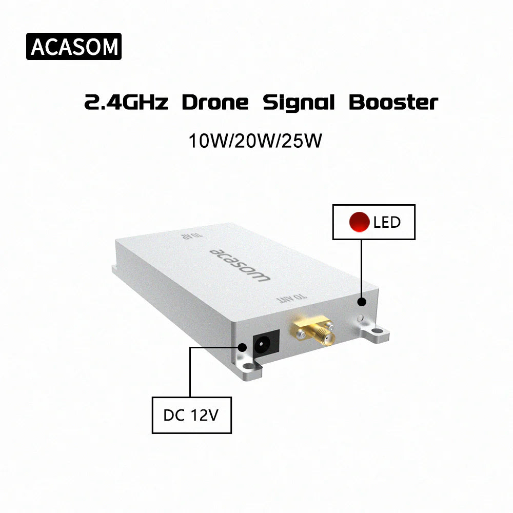 ACASOM 2.4GHz drone signal booster amplifies signals from 10W to 25W, increasing connectivity and reliability.