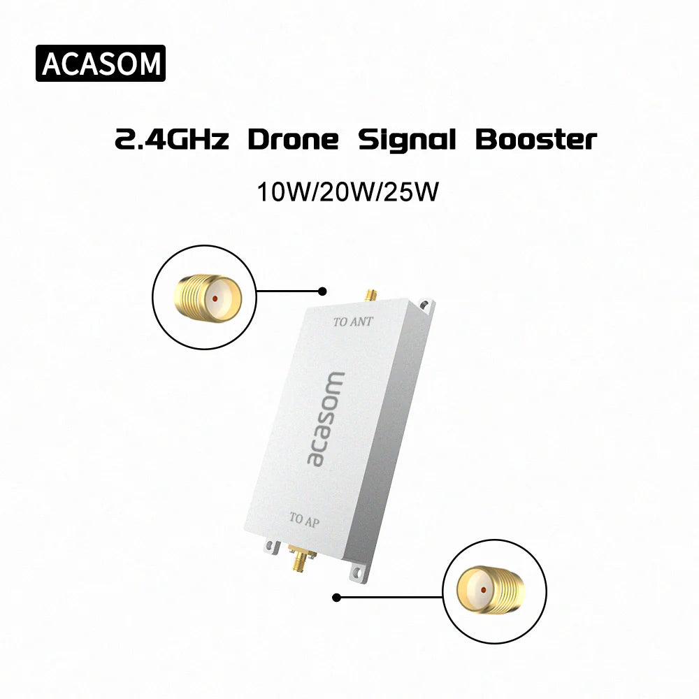 ACASOM 2.4GHz Drone Signal Booster, Drone signal booster amplifies range with 10W, 20W, or 25W output, improving connectivity.