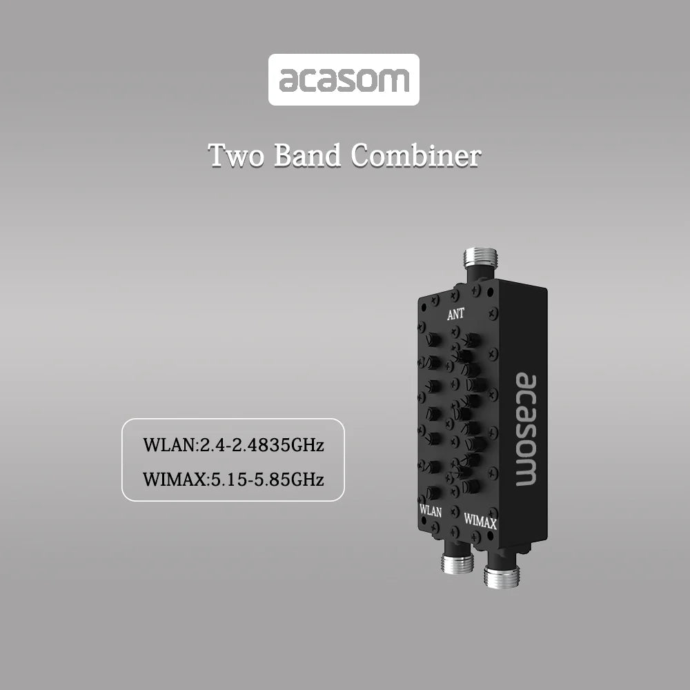 ACASOM 2.4/5.8GHz Diplexer, The acasom Two-Band Combiner combines ANT WLAN signals from 2.4-2.4835GHz and WIMAX from 5.15-5.85GHz for IWLAN and WIMAX use.