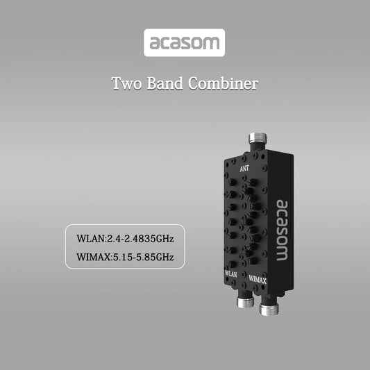 ACASOM 2-Band Cavity Diplexer supports WLAN and WiMAX applications with operating frequency range: 2.4-2.4835 GHz and 5.15-5.85 GHz.