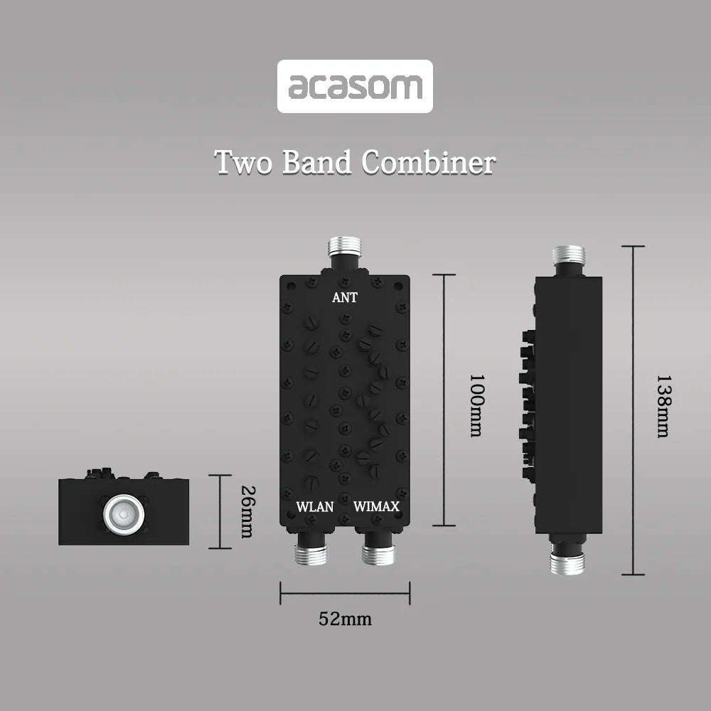 The ACASOM 2.4/5.8GHz Diplexer combines bands for one antenna, offering dual functions for WLAN and WiMAX applications in a compact 52mm size.