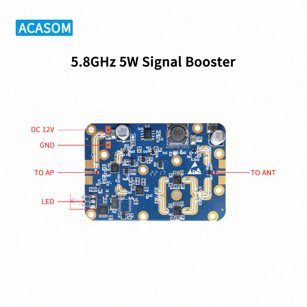 ACASOM 5.8GHz Signal Booster, ACASOM Signal Booster Amplifier PCBA uses DC power 12V, grounding output to GND, and operates between 0-80°C.