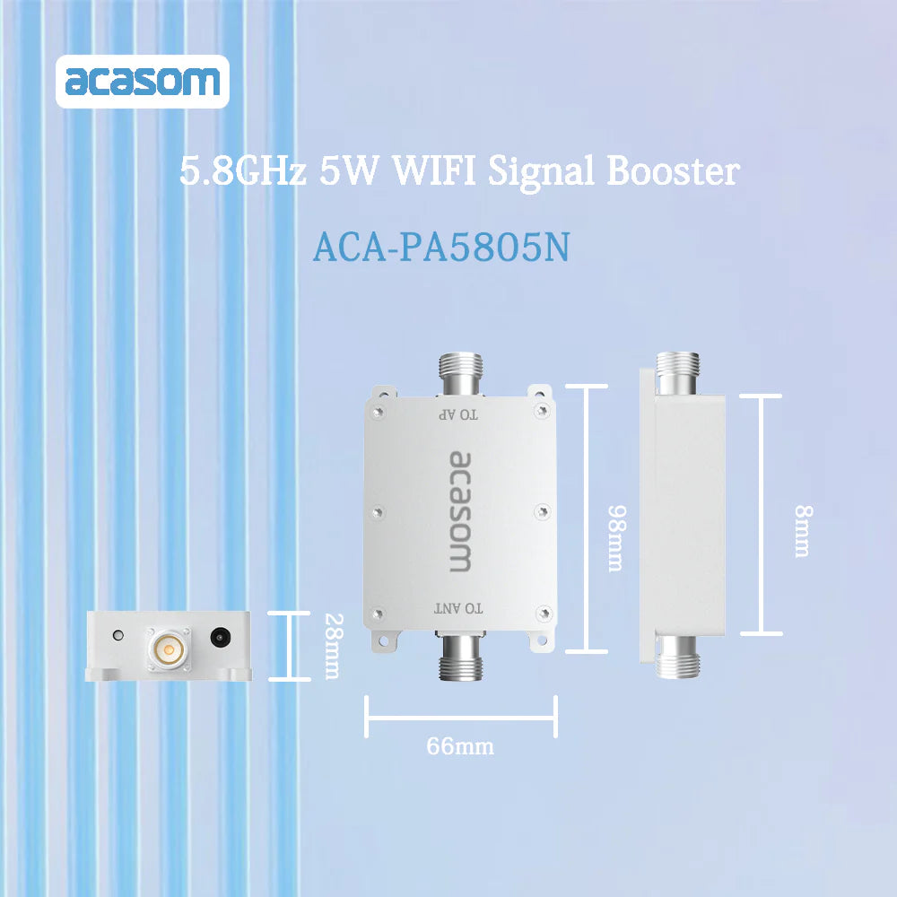 ACASOM 5.8GHz 5W Wifi Signal Booster, ACASOM 5.8GHz signal booster amplifies weak signals, eliminating dead spots and drops for devices, increasing coverage area and enhancing internet experience.