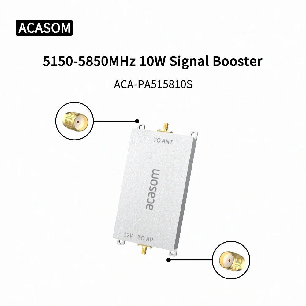 Signal amplifier extender for 1OW drones, boosts signals, compatible with ACA-PA515810S, requires 12V power source and antenna.