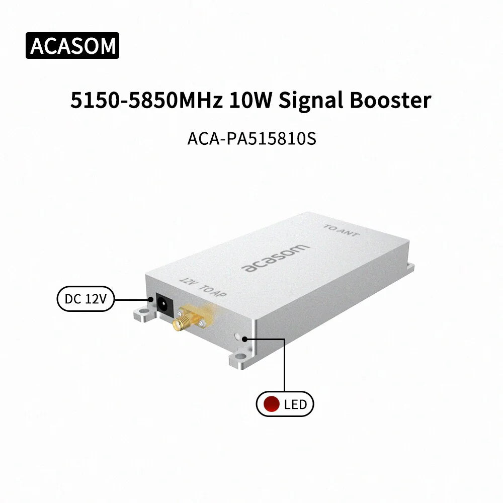 Drone signal amplifier and extender boosting signals from ACASOM 5.15G to 5.85GHz, compatible with 72DC power supply and 12V input.