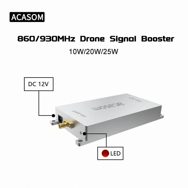 ACASOM 860-930MHz Drone Signal Booster, Drone signal booster for ACASOM systems, operating at 860-930MHz, with 1W power, 12V DC input, and LED indication.