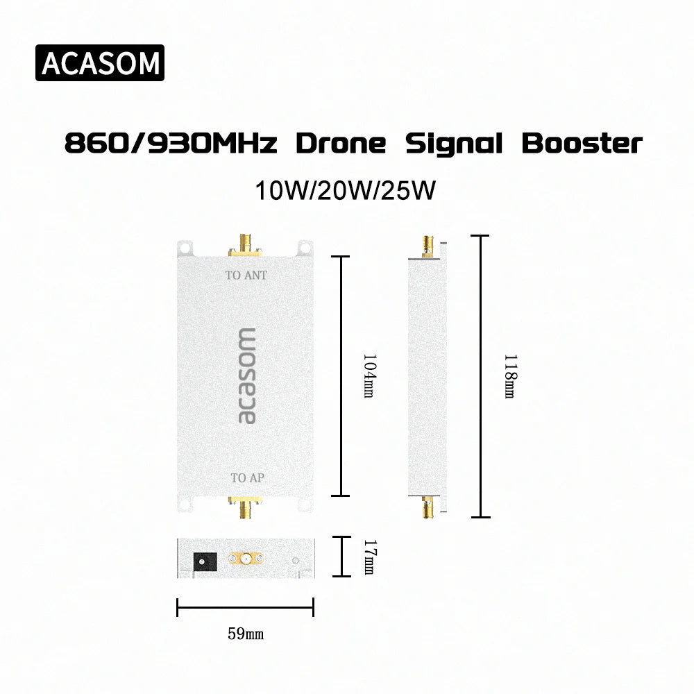 ACASOM 860-930MHz Drone Signal Booster, Drone signal booster for indoor use with output power 1W and antenna size 59mm.