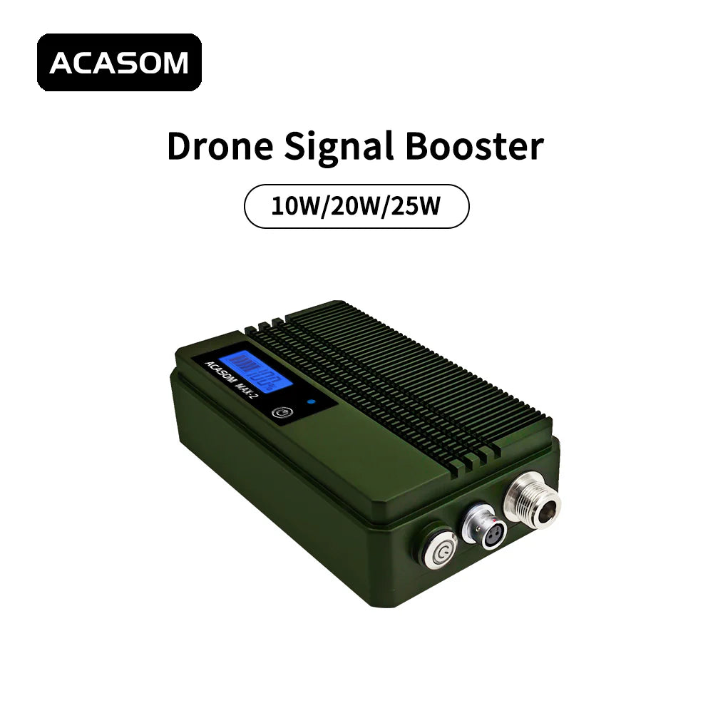 ACASOM MAX-2 1.2GHz Drone Signal Booster, The text describes an ACASOM drone signal booster that amplifies signals up to 20W.