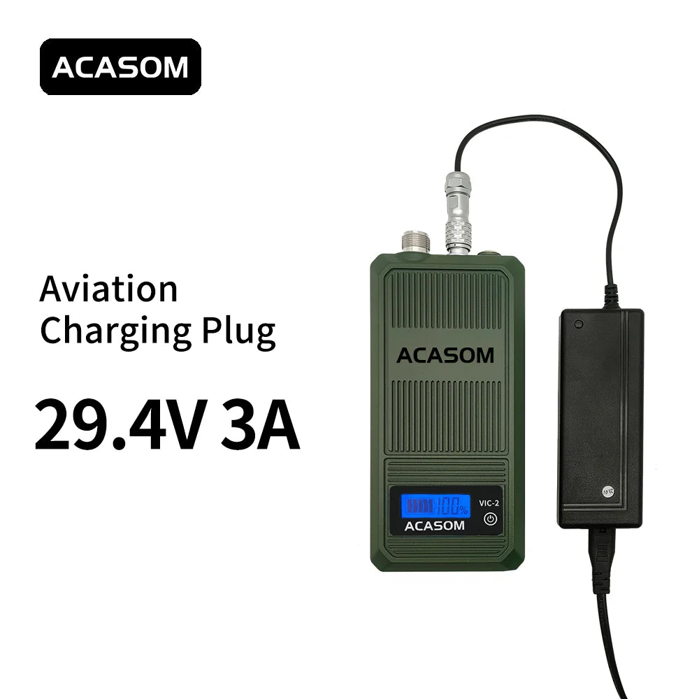 ACASOM portable VIC-2 jammer operates on 1.5G FPV drones, suitable for aviation apps, with a frequency range of 1450-1650MHz and charging plug.