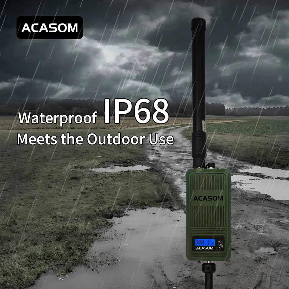 ACASOM Portable VIC-2 Jammer for Fpv Drone Systems with adjustable frequency range and high power wireless signal sweep capabilities.