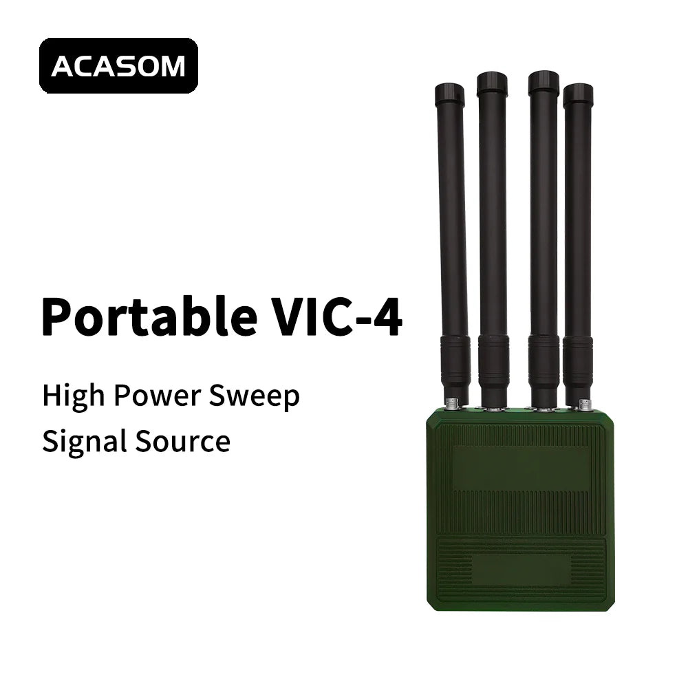 ACASOM Portable VIC-4 900M 1.2G 2.4G 5.8G, Portable jammer for anti-FPV and drone signal blocking, covering 900M-5.8G frequencies with up to 50W power output.