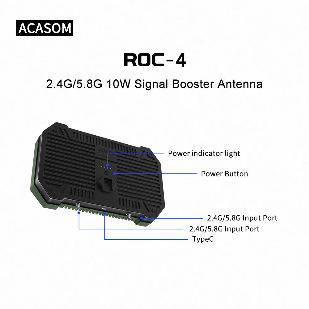 ACASOM ROC-4 Antenna, The ACASOM ROC-4 Green device boosts dual-band signals, has a power indicator light, power button, and two input ports for 2.4G and 5.8G frequencies.