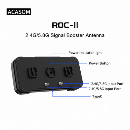 WIFI signal booster for drones increases range and strength on 2.4G and 5.8G frequencies with power indicator light and button.