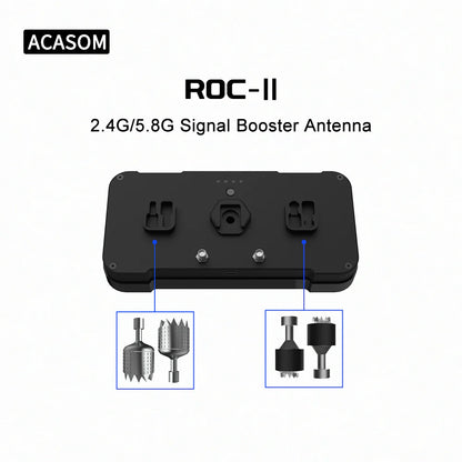 Boost drone signal with ACASOM ROC2, a high-gain antenna extender that amplifies dual-band signals on 2.4GHz and 5.8GHz frequencies.