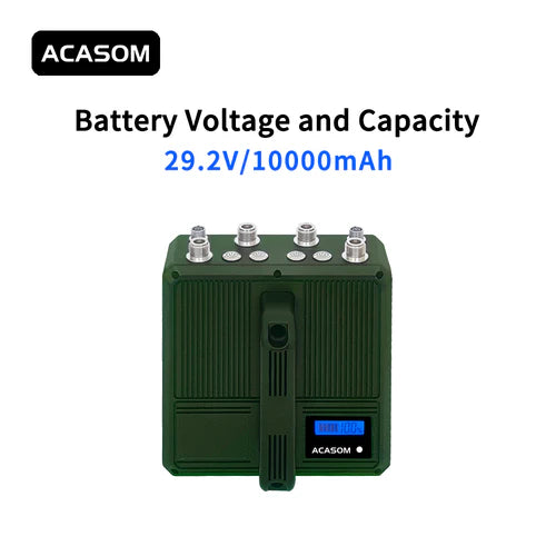 ACASOM VIC-4 700M 800M 900M 1050M, The text describes an ACASOM battery with specifications: 29.2V voltage and 10,000mAh capacity.