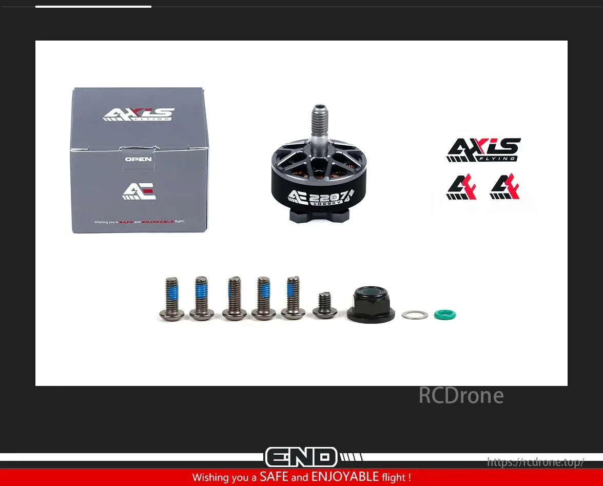 AE2207 V2 motor, screws, nut, O-rings, and box displayed; safe flight wished.